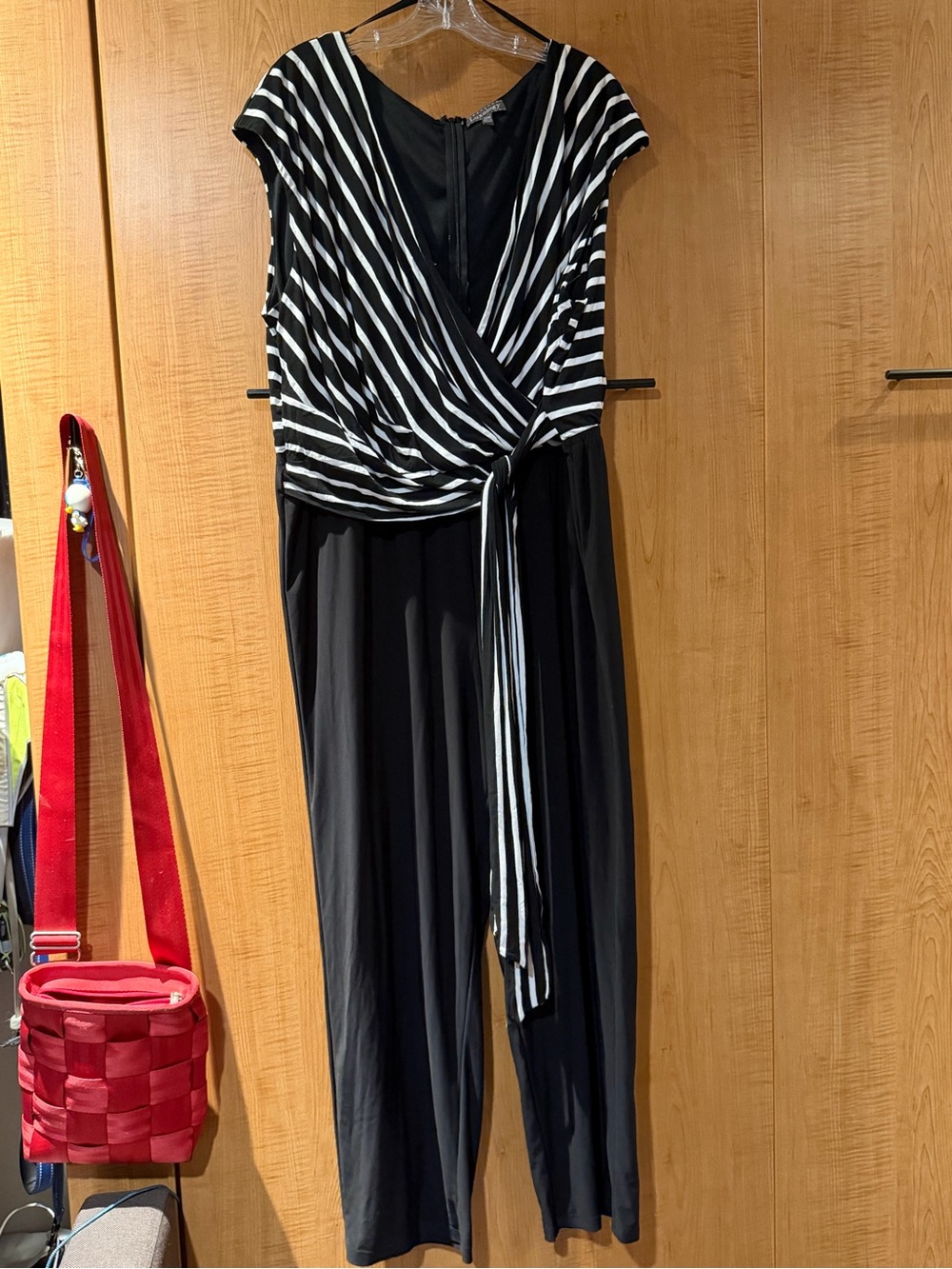 Luxology Black and White Striped Wrap Jumpsuit with Tie Waist